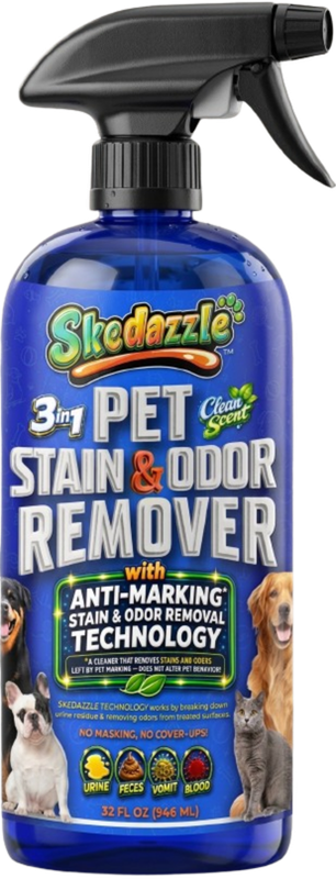 Skedazzle 3-in-1 Pet Stain & Odor Remover spray bottle